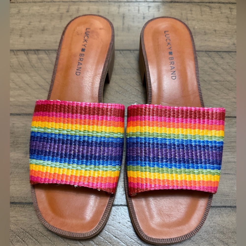 Lucky Brand 7.5 Frijana Slide Sandals Multicolor Rainbow Low Chunky Heel Womens